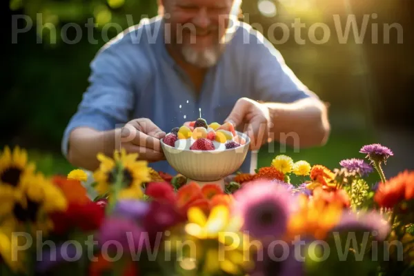 איש נהנה מקערת יוגורט ישראלי שמנת בציפוי פירות יער עונתיים. עָלֵי כּוֹתֶרֶת, שַׂמֵחַ, כתום