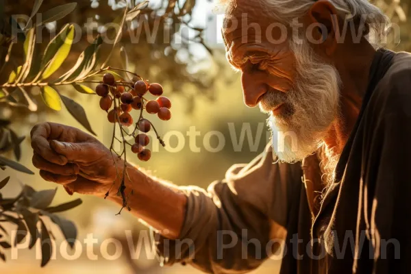 איש קוטף זיתים ישראלים בשלים ממטע עתיק. צמח, זָקָן, מחווה