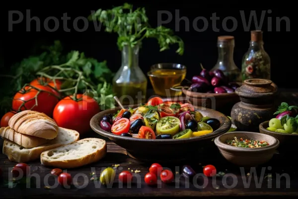 תמונה משובחת המציגה מגוון קולינרי ישראלי עם תוצרת טרייה. מזון, כלי שולחן, מַרכִּיב