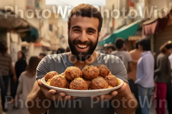 גבר נהנה מחטיף אוכל רחוב ישראלי פופולרי - כדורי פלאפל פריכים וזהובים. מזון, טאקויאקי, מתכון