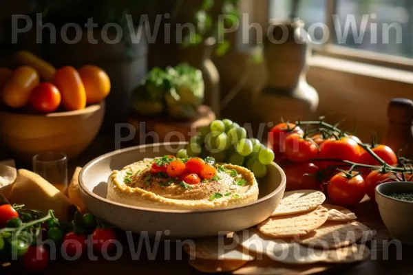 חומוס ביתי טעים עם פיתות טריות ותוספות ירקות צבעוניות. מזון, כלי אוכל, עגבנייה שזיף