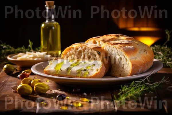 צלחת מזמינה של לחם טרי עם תוספת שמן זית. כלי שולחן, בקבוק, מתכון