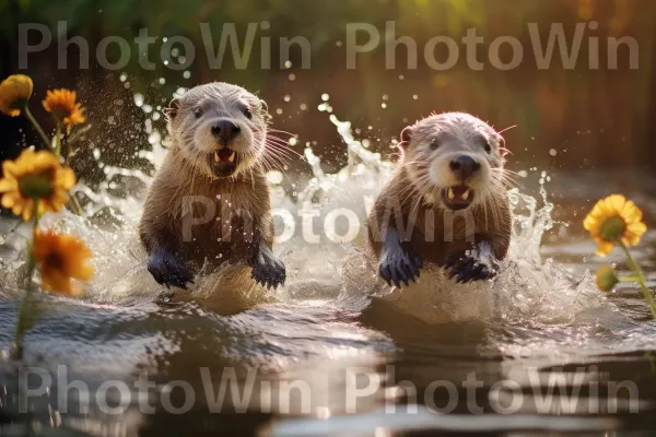 לוטרות שובבות מתיזות בשמחה בנהר בתולי. מים, Mustelidae, חוֹטֶם