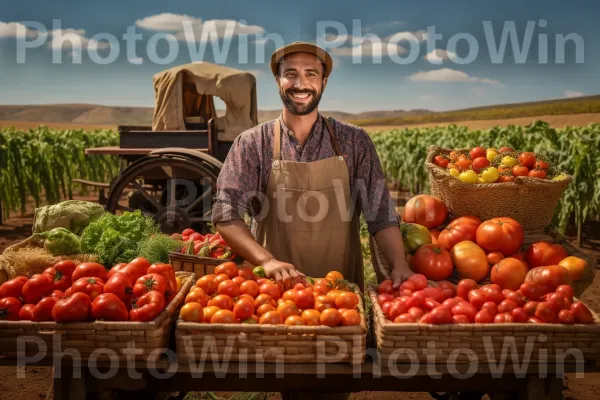 חקלאי שמציג את יבול העגבניות הישראלי השופע שלו. שָׁמַיִם, ענן, חיוך