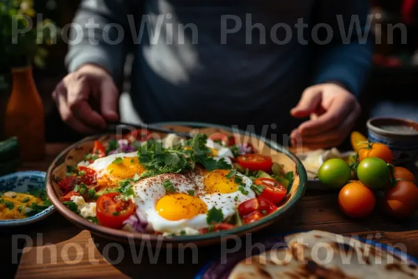 גבר נהנה מארוחת בוקר ישראלית מסורתית, עם שקשוקה. מזון, כלי שולחן, מַרכִּיב