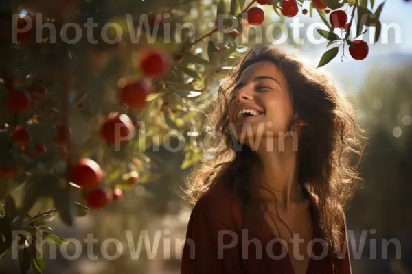 אישה נהנית מרימון עסיסי ביום שמשי בישראל. שָׂפָה, חיוך, אנשים בטבע