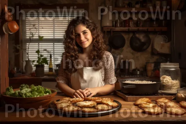 אישה אופה מנה ישראלית מסורתית של לטקס תפוחי אדמה. מזון, כלי שולחן, חיוך