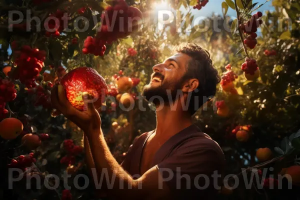 אדם שמתענג על רימון עסיסי - סמל לשפע בישראל. קישוט חג המולד, אנשים בטבע, צמח עצי