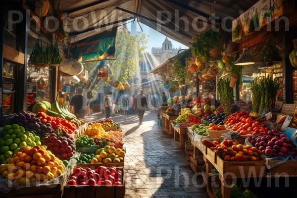 סצנת שוק תוססת המציגה את מבחר התוצרת המגוון של ישראל. מזונות טבעיים, מזון מלא, יַרקָן