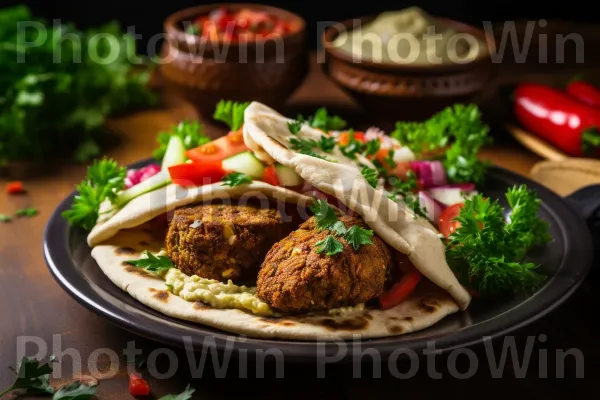 בואו לחוות את הטעם הטעים של הפלאפל הישראלי, מוגש על פיתה חמימה עם סלט טרי וטחינה. מזון, מתכון, מזון בסיסי