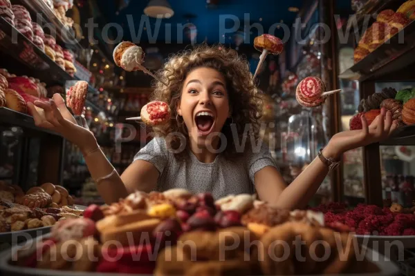 אישה צוהלת מתפנקת במאפים מתוקים ישראלים מסורתיים. חיוך, מרחב ציבורי, חַלוֹן