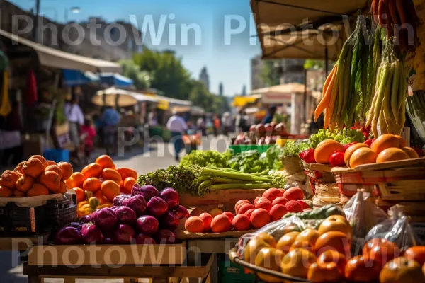 דוכני שוק צבעוניים המציגים תוצרת ישראלית טרייה. מזון, פרי, שָׁמַיִם