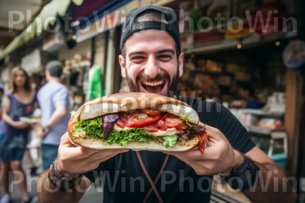 גבר נהנה מצלחת סביח - כריך ישראלי פופולרי עם חצילים. יד, חיוך, מַרכִּיב