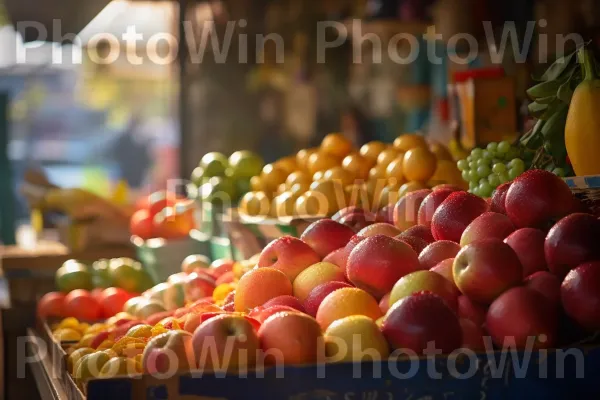 סצנת שוק מקומית עם שפע של תפוחים ותפוזים מגידול ישראלי. פרי ללא גרעינים, מַרכִּיב, מזונות טבעיים