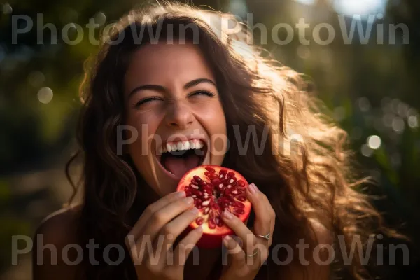 אישה נהנית מרימון עסיסי, פרי ישראלי פופולרי. שָׂפָה, פֶּה, שַׂמֵחַ