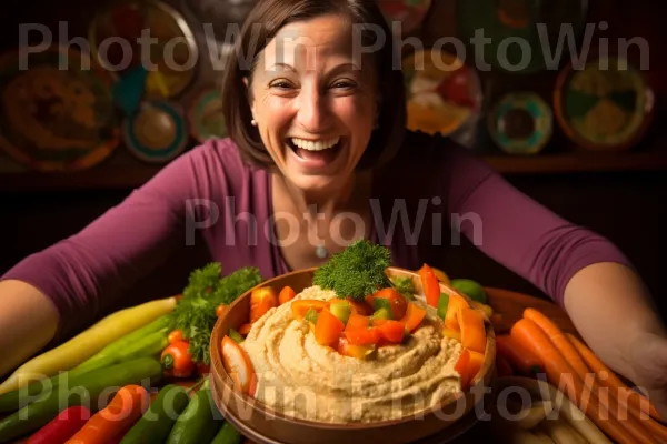 אישה מתפנקת עם ביס מענג של חומוס ישראלי שמנת. חיוך, כלי שולחן, גזר תינוק