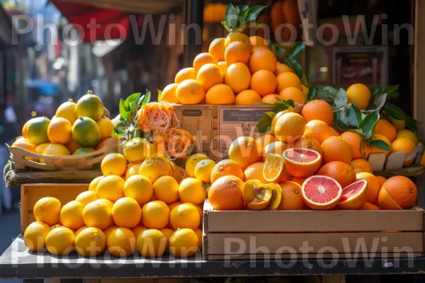 תצוגה תוססת של פירות הדר בדוכן פירות תל אביב. מזון, כתום ולנסיה, תפוז מר