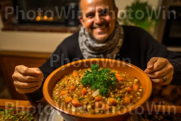 אישה נהנית מקערת מרק עדשים ישראלי מעוטר בפטרוזיליה. מזון, עשבי תיבול משובחים, מתכון