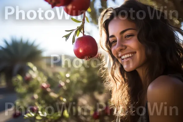 אישה נהנית מכוס מרעננת של מיץ רימונים מתוצרת ישראל. עלה, ענף, שַׂמֵחַ