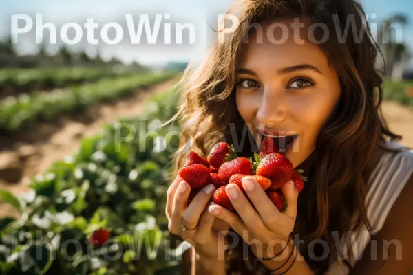 אישה נהנית מביס מעורר תיאבון של תותים מגידול ישראלי. שָׂפָה, צמח, מזון