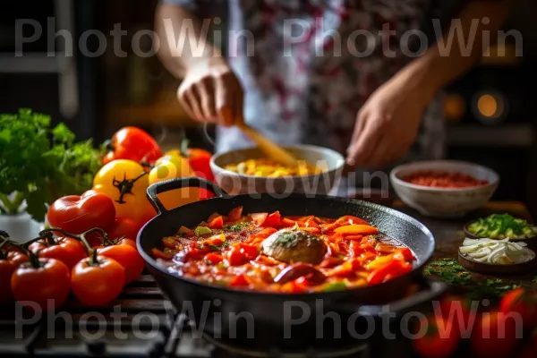 איש מכין שקשוקה בסגנון ישראלי עם עגבניות ופלפלים. מַרכִּיב, מִטְבָּח, צַלַחַת