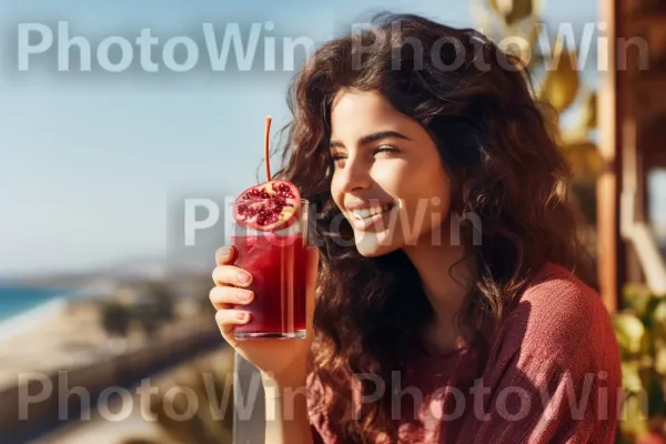 אישה נהנית מכוס מרעננת של מיץ רימונים בכבישה קרה. שָׁמַיִם, שַׂמֵחַ, אוֹר שֶׁמֶשׁ