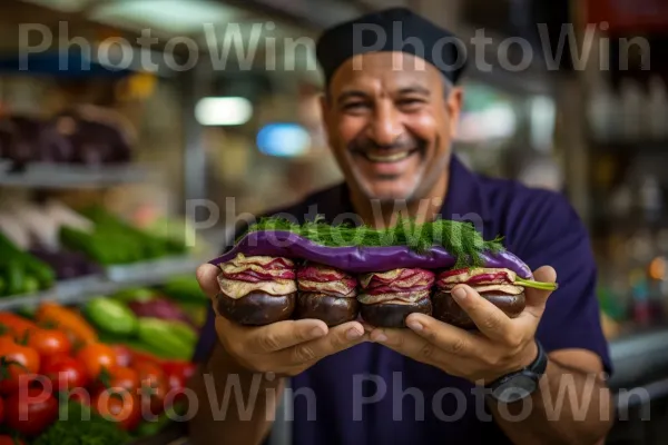 גבר נהנה מסנדוויץ\' סביח טעים, במילוי חצילים וחומרי גלם ישראליים טעימים. שעון, מִטְבָּח, שַׂמֵחַ