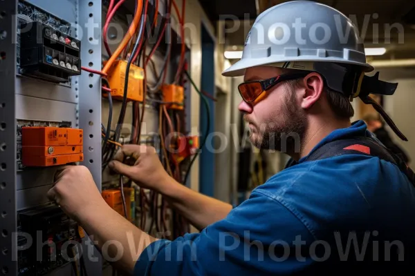 חשמלאי מנוסה בתיקון מערכת חיווט מורכבת ללא מאמץ. קַסדָה, בגדי עבודה, קבלן חשמל