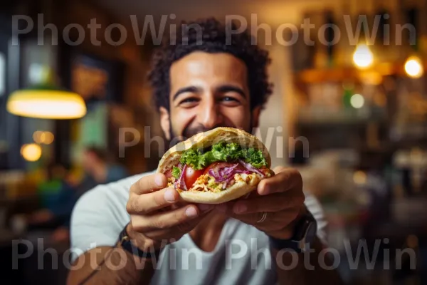 גבר נהנה מכיס פיתה פלאפל מסורתי מלא בסלט ישראלי. שעון, יד, מתכון