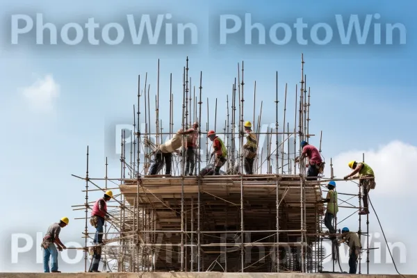 צוות פועלי בניין משתף פעולה בבניית מבנה מתנשא. ענן, חומר מרוכב, בִּניָן