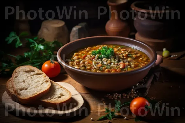 קערה מסורתית של מרק עדשים ישראלי דשן עם לחם ביתי. מזון, כלי שולחן, מַרכִּיב