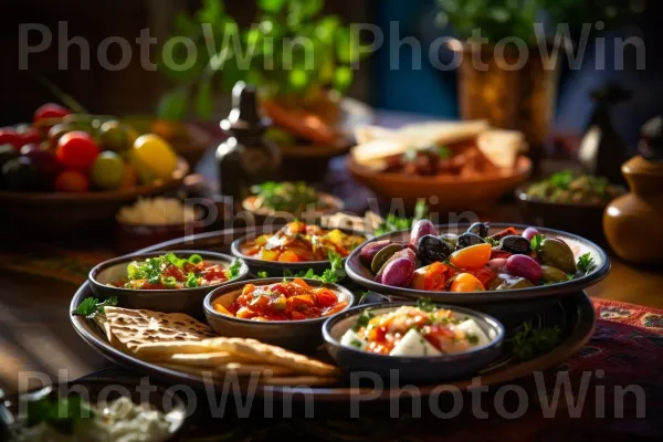 צלחת מזוזה ישראלית, מציגה מבחר מנות קטנות מוכנות להפליא. מזון, כלי שולחן, צמח