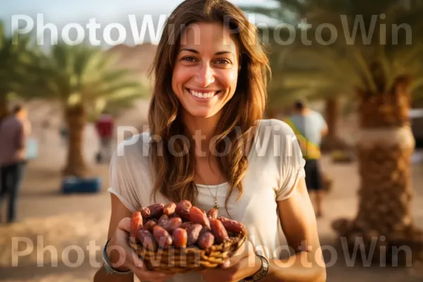 אישה נהנית מהמתיקות של תמרים ישראלים, פרי מזין ועתיר אנרגיה. מִטְבָּח, עֵץ, צַלַחַת