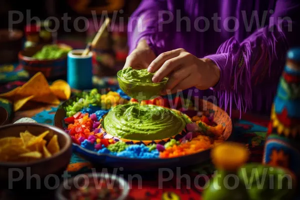 גבר גורף מטבל אבוקדו שמנת, המכונה גוואקמולי, על שבב טורטיה. מזון, מִטְבָּח, מְתִיקוּת