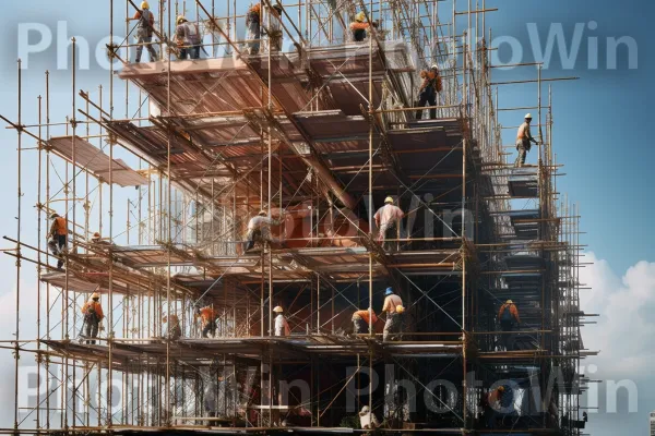 צוות מסור של פועלי בניין מרכיבים גורד שחקים חדש. שָׁמַיִם, ענן, פיגומים