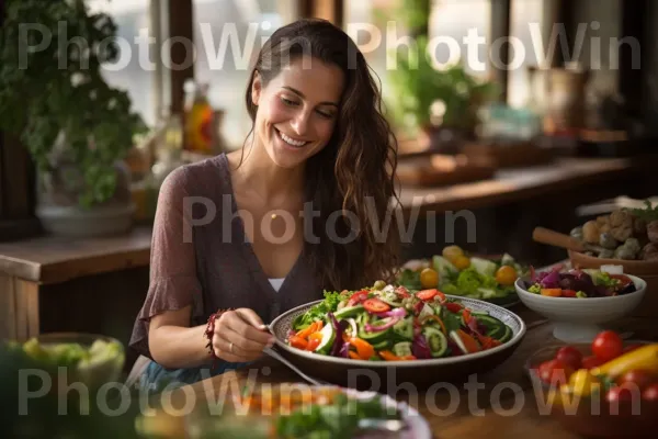 צעירה נהנית מסלט ישראלי ביתי, מפוצץ טעמים. מזון, צמח, מתכון