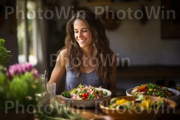 צעירה נהנית מסלט ישראלי ביתי, מפוצץ טעמים. מזון, פֶּרַח, מַרכִּיב