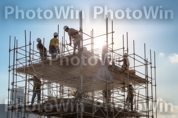 צוות פועלי בניין משתף פעולה בבניית מבנה מתנשא. חומר מרוכב, הַנדָסָה, חומר בניין