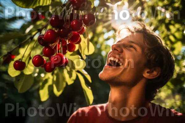 אדם נוגס בדובדבן מתוק וחריף שגדל בישראל. מזון, עלה, עֵץ