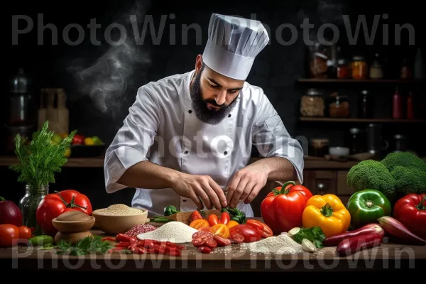 שף מוכשר שחותך ירקות במהירות כדי להכין ארוחה טעימה. מזונות טבעיים, מִטְבָּח, מתכון