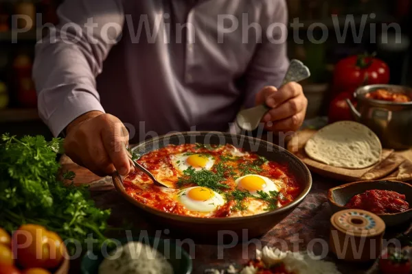 איש מתענג על טעמי השקשוקה הישראלית, מנת ביצה ועגבניות טעימה. מזון, מתכון, כלי אוכל