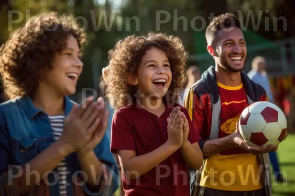 משפחה תומכת מעודדת את הקטן במשחק הכדורגל שלהם. הַלבָּשָׁה, חוּלצָה, ציוד ספורט