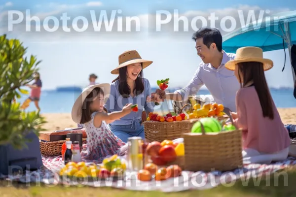 שביעות הרצון זורחת כשמשפחה נהנית מפיקניק בחוף הים. ענן, כלי שולחן, כובע שמש