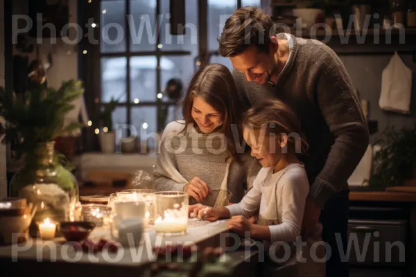 מטבח משפחתי קטן יוצר זיכרונות טעימים באמצעות בישול. נר, כלי שולחן, צמח