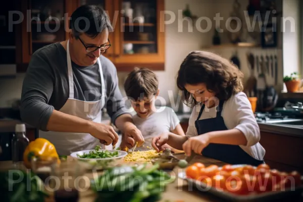 מטבח משפחתי קטן יוצר זיכרונות טעימים באמצעות בישול. צמח, מזונות טבעיים, שיתוף