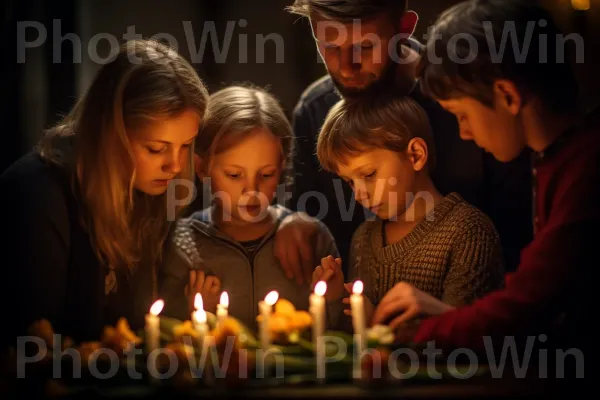 רגע תפילה משפחתי מעומק הלב לפני אירוע מיוחד. אֵיבָר, נר יום הולדת, עוגה