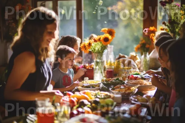 ארוחה משפחתית מלאה באהבה, צחוק ואוכל טעים. כלי שולחן, שולחן, כתום