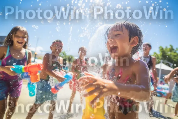 קרב מים שובב ביום קיץ חם עם צווחות עונג. שָׁמַיִם, חיוך, ענן