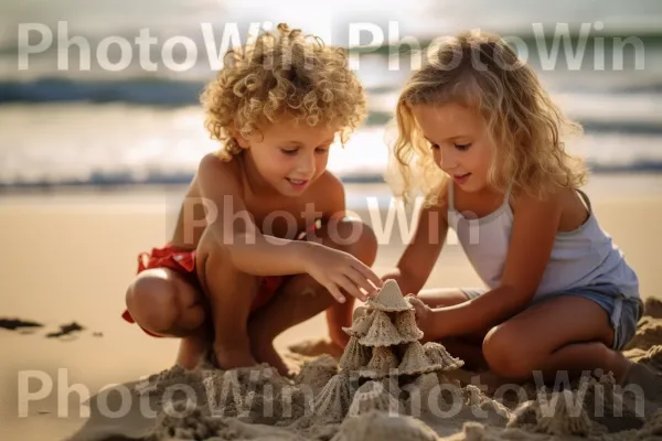 קשר אחים על אהבה משותפת לבניית ארמונות חול. החוף, אנשים בטבע, בן אנוש