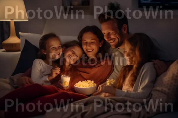 משפחה מתרפקת על הספה, צופה יחד בסרט האהוב עליהן. מסגרת תמונה, שַׂמֵחַ, נר